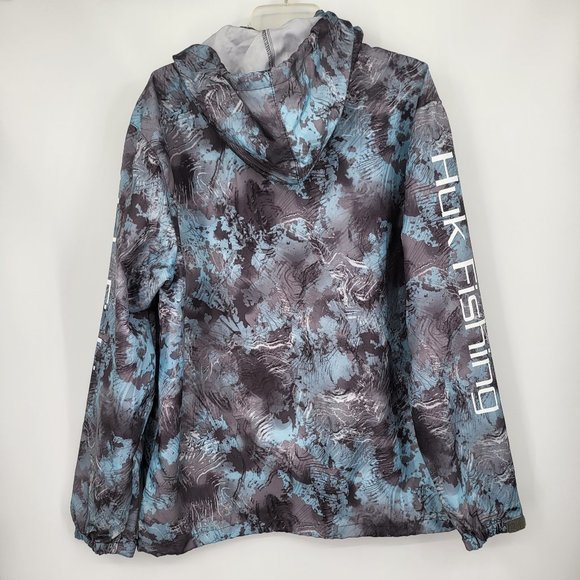 NWOT HUK Fishing Jacket LargE Blue Hood Wind Stain Resistant‎ SpellOut - Picture 2 of 4